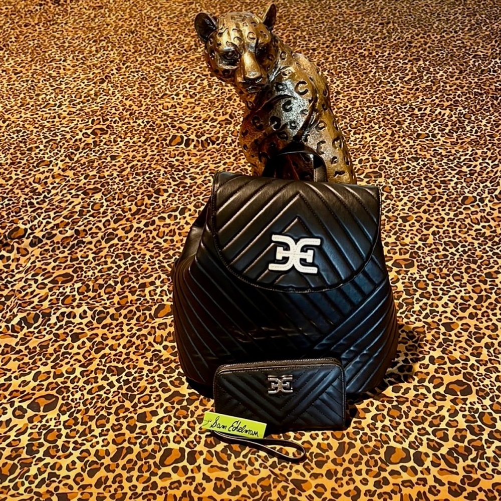 Sam Edelman Black Quilted Backpack  Purse with Matching Wallet